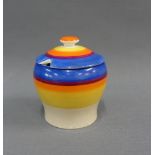 Gray's pottery art deco honey pot and cover with blue, yellow and orange bands, printed factory