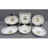 Set of Meissen porcelain bird pattern table wares to include a square dish, pair of oval dishes,