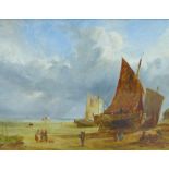 19th century school, Shore Scene with figures and boats, Oil on board, signed indistinctly, framed