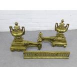 Brass fire irons and a small grate, (3)