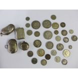 Two Chester silver coin cases, Chester silver vesta, Epns vesta and small collection of coins to