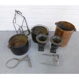 Mixed metal wares to include two iron pots, pair of painted urn vases, copper pan and metal