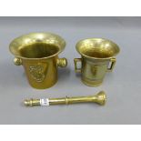 Two brass mortar and pestle, (2)