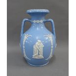 Dudson blue glazed vase with handles to side and with classical figures and flowers, impressed