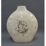 Stoneware vase of flattened form with acorn leaf pattern in relief and cream craquelure ground, 34cm