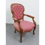 Mahogany framed armchair with red button back upholstery, 98 x 68cm