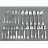 A suite of fiddle and thread silver flatware comprising six table forks, London 1851, eight