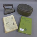 Mixed lot to include a flat iron, wooden block, British Dairying book, etc (4)