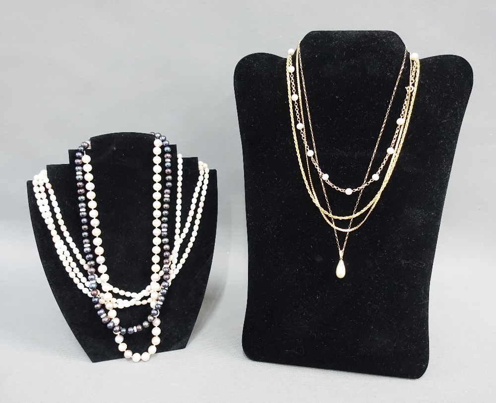 Two 9ct gold chains, 9ct gold chain with pearls, a strand of cultured pearls with a 9ct gold