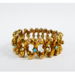 An Edwardian 9ct rose gold bracelet set with turquoise and seed pearls, of expanding design