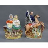 Staffordshire figure group of a tiger hunt and two fishwives, tallest 28cm (2) (a/f)