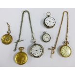 A collection of gold plated pocket watches, two white metal cased pocket watches, fob watch and