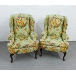 Pair of floral upholstered wing back armchairs on cabriole legs, 120 x 82cm(2)