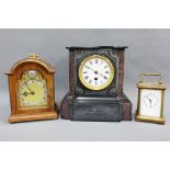 Victorian black slate mantle clock, modern Thwaites & Reed mantle clock and a small French brass and