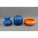 Pilkington Royal Lancastrian pottery to include two mottled blue glazed vases and a mottled orange