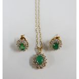 9ct gold emerald and diamond earrings and pendant necklace (3)
