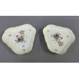 Two Royal Copenhagen triangular shaped dishes, with flower pattern and moulded rim, printed