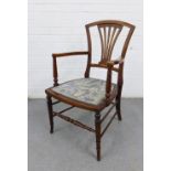 19th century style mahogany open armchair with vertical splat back, upholstered seat and turned