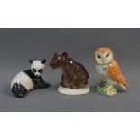 Lomonsov panda bear figure, brown glazed figure and a Beswick owl with impressed number 3026,