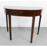 Mahogany demi lune table, with a single frieze drawer and square tapering legs, 74 x 92cm