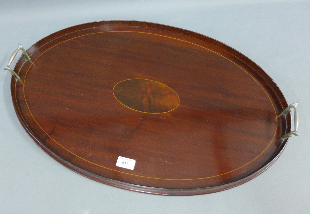 Mahogany and inlaid oval tray with handles to side, 70cm long