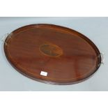 Mahogany and inlaid oval tray with handles to side, 70cm long