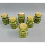 Set of six Portmeirion Totem pattern spice jars with cork lids, 10cm high (6)