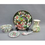 Masons pottery plate with Reg No. 652974, Masons Applique pattern vase and a Chinese bowl, stand and