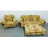 A contemporary Peter Guild lounge suite comprising two seater sofa, armchair and centre stool with