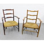 Pair of elm ladderback chairs with rush seats, 80 x 54cm (2)