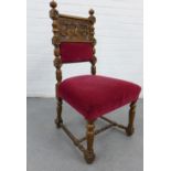 Oak side chair with carved top rail with hunting scene over an upholstered back and seat, 96 x 52cm