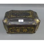Chinese lacquered sewing box containing a quantity of ivory and bone sewing items, with lift out