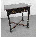 Oak side table with single frieze drawer with two brass drop handles, cross stretcher and bun