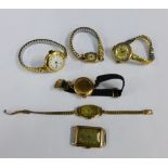 A collection of lady's gold cased and yellow metal wristwatches, (6)