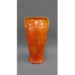 Pilkingtons Royal Lancastrian orange mottled glaze vase of slender form with stylised handles to