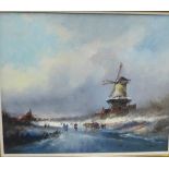 L.V Dongen, Winter scene with windmill and frozen lake, oil on board, in a giltwood frame, 58 x 48cm