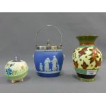 Gouda baluster vase, Art Deco honey pot and cover and a Wedgwood biscuit barrel, (3)