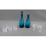 Pair of Whitefriars kingfisher blue glass decanters with one stopper, pair of whisky tumblers, six