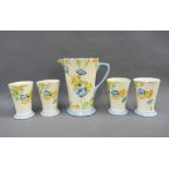 Crown Ducal Rosemary pattern art deco lemonade set comprising a pottery jug and four beakers (5)