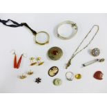 A pair of 9ct gold flowerhead earrings, yellow metal cufflink's, silver bangle and other costume