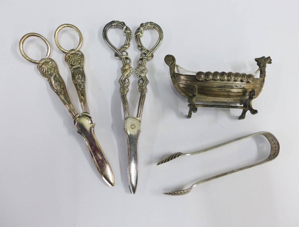 Victorian silver sugar tongs, Edinburgh 1874, two pairs of Epns grape scissors and a Norwegian