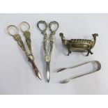 Victorian silver sugar tongs, Edinburgh 1874, two pairs of Epns grape scissors and a Norwegian