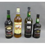 Three bottles of Port to include Offley, Ruby and Landgoedwyn and a bottle of Famous Grouse