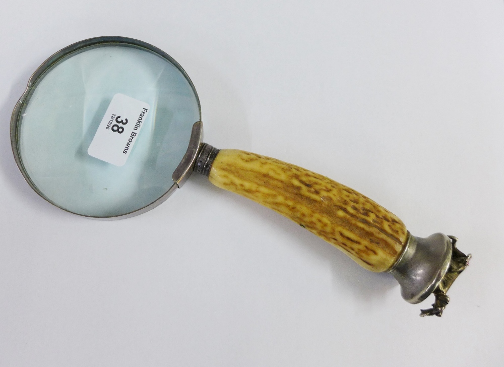 George V silver mounted antler magnifying glass, William Yates Ltd, Sheffield 1911, the terminal