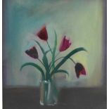 Willie Fulton 'Tulips' Oil, signed, framed under glass, Stenton Gallery label verso, 23 x 23cm
