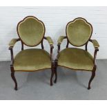 Pair of mahogany framed open armchairs with green velour upholstered back, arms and seat, 98 x