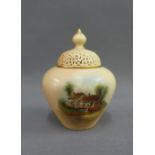 Royal Worcester Ann Hathaway pattern jar and cover, the finial restored, with green factory