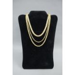 Three 9ct gold necklaces to include a gate link chain and two rope twist chains, (3)