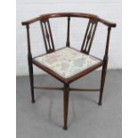 Mahogany and inlaid corner chair with upholstered seat, 70 x 63cm