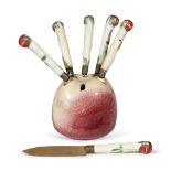 In the style of Delphin Massier (French, 1836-1907)A Continental Majolica Fruit Knife Set with